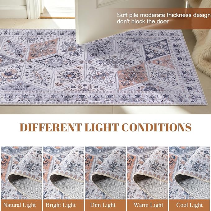 Moroccan Boho Floral Geometric Patchwork Washable 9x12 Large Rug | Vintage Distressed Non Slip Throw Carpet for Bedroom Livingroom Kitchen Hallway Entryway Office Dining Room Docer Light Grey