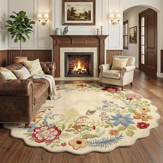 FMFUNCTEX 5ft Round Washable Beige Boho Scalloped Area Rug for Living Room | Floral Vintage Flower Colorful Traditional Soft Cream Small Non Slip Low Pile Circle Rug Neutral Dining Room Bedroom Entryway