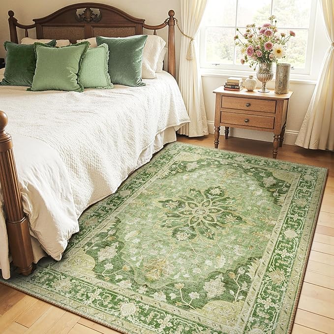 RELEANY Washable Area Rug, 4'x6', Green/Yellow | Non-Slip, Water Repellent, Pet Friendly, Easy to Clean, Vintage Floral Boho Decor for Living Room Bedroom Kitchen Office
