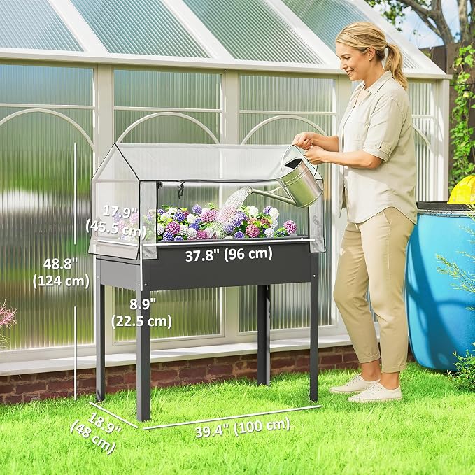 Outsunny Raised Garden Bed with Greenhouse Cover, Elevated Planter Box with Legs and Drainage Hole for Vegetables Flowers Herbs, 39.4" x 18.9" x 48.8", Dark Gray