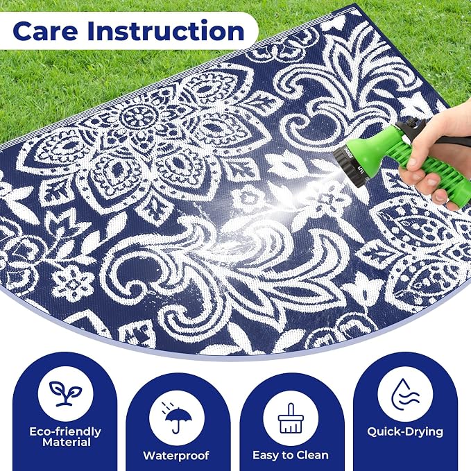 Findosom Waterproof Outdoor Rug 5' x 8' - Reversible Mandala Outdoor Plastic Straw Rug, Durable Foldable Patio Rug for RV, Deck, Balcony, Backyard, Picnic, Porch, Camping, Beach, Navy