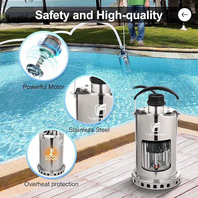 FLUENTPOWER 3/4HP Submersible Sump Pump, 3300GPH Stainless Steel Utility Water Pump, Manual Control with 26-Foot Cord for Pool Tub Garden Pond Basement Flood Cellar Draining
