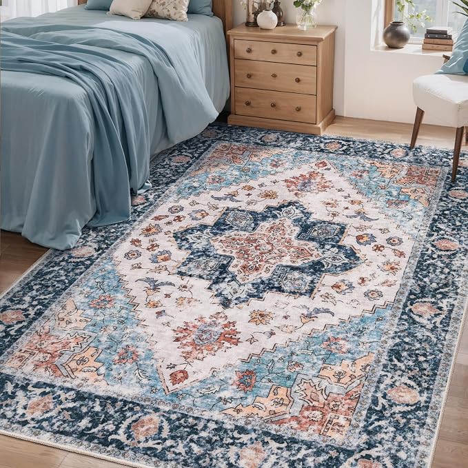 SERISSA 4x6 Washable Non Slip Boho Area Rug for Bedroom，Blue Orange | Ultra Soft Vintage Oriental Carpet Low-Pile Distressed Tribal Throw Carpet for Entry Living Room Nursery Kitchen Dorm Decor