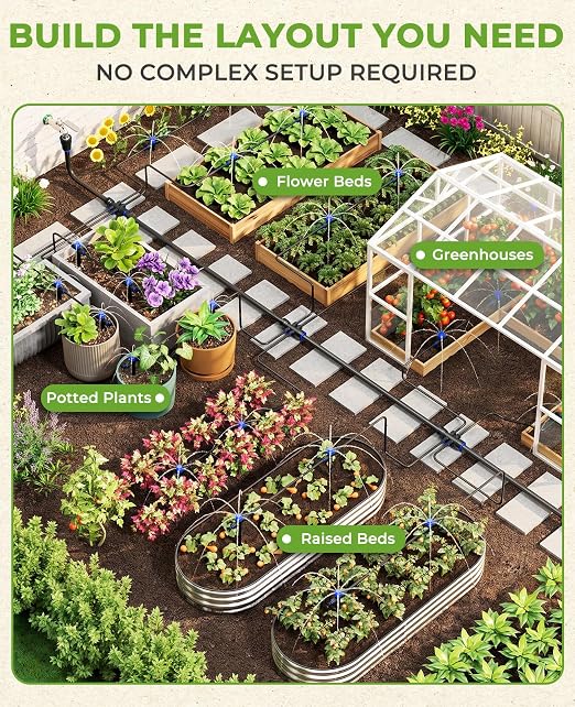 HIRALIY 220FT Drip Irrigation Kit for Large Garden, Quick Connect Garden Watering System with 33FT 15mm Hose, 36 Adjustable Drippers for Raised Beds, Vegetable Garden, Greenhouse