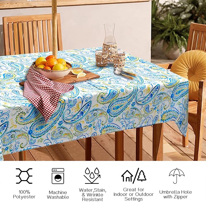 Outdoor Tablecloth with Umbrella Hole and Zipper, Rectangle Patio Table Covers for Spring/Summer, Machine Washable Outdoor Picnic Table Cloth (Paisley, 60" × 102" Rectangular)