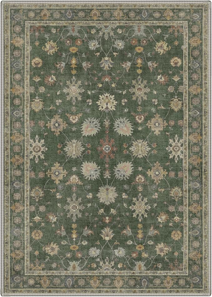 8X10 Living Room Area Rug, Boho Floral Vines Washable Non Slip | Floral Vintage Rug for Bedroom Dining Room, Dusty Green Soft Low Pile Faux Wool, Stain Resistant Non-Shedding Pet-Friendly