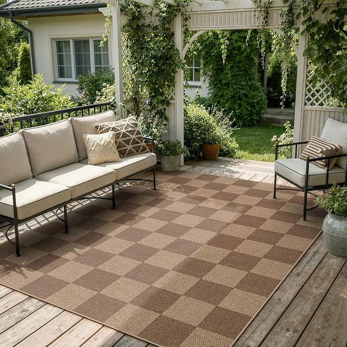 Lahome Colette Checkered Easy Jute Living Room Rugs, 5x7 Large Dining Room Office Carpet Farmhouse Washable Area Rug, Checkerboard Neutral Non Slip Indoor Outdoor Carpet for Bedroom Entry Patio