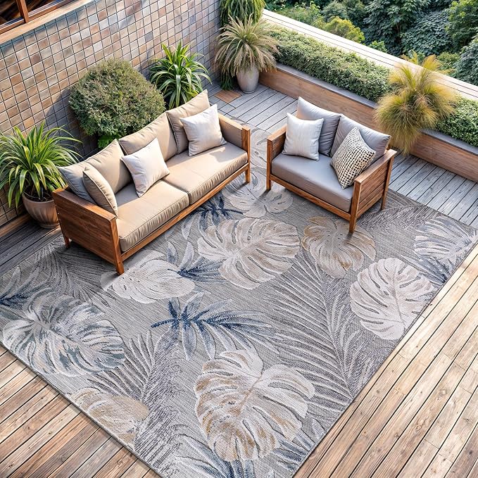 CAMILSON Indoor Outdoor Rug, Blue 7’10”x10’ Leaf Tropical Botanical Area Rugs for Indoor and Outdoor patios, Easy-Cleaning Non-Shedding Living Room, Garden and Kitchen Washable Outside Carpet (8x10)