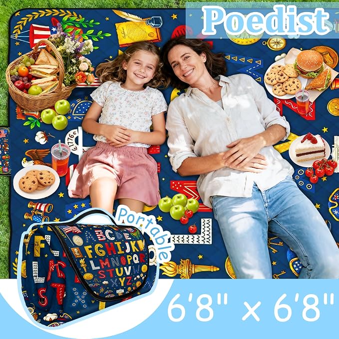Poedist Extra Large Picnic Blanket Waterproof,80"x 80"Foldable Machine Washable Beach Blanket,Outdoor Blanket for 6-8 Adults,for Indoor Crawling,Park Beach,Camping,Hiking,Family Travel(Flag Letters)