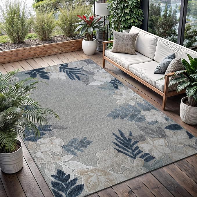 Outdoor Rug 5x7 Washable Area Rugs Indoor Outdoor Carpets Blue Border Floral Non Shedding Waterproof Easy Clean Patio Deck Porch Living Room Bedroom Garden RV (5 X 7 Blue)