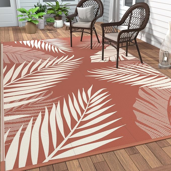 GENIMO Outdoor Rug 8' x 10' Waterproof for Patios Clearance, Reversible Plastic Straw Camping Carpet, Large Area Rugs Mats for RV, Picnic, Backyard, Deck, Balcony, Porch, Beach, Brick&Red