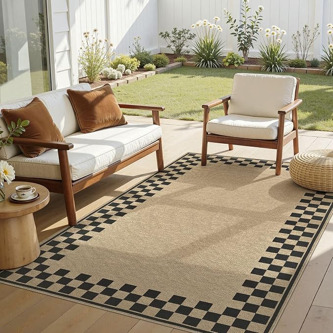 UERMEI 4x6 Outdoor Jute Area Rug Patio Neutral Washable Checkered Brown | Easy Non Slip Pet Friendly Indoor Farmhouse Carpet for Living Room Bedroom Dining Backyard