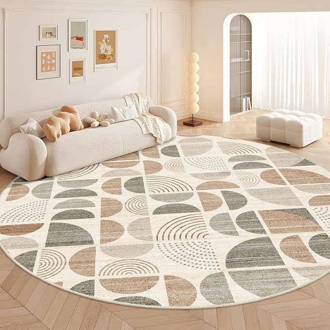 Round Rugs 9ft,Circle Area Rug Washable Non Slip Modern Abstract | Circular Rugs for Living Room Dining Room Large Boho Throw Carpet Soft Low Pile Floor Indoor Bohemian Neutral Beige