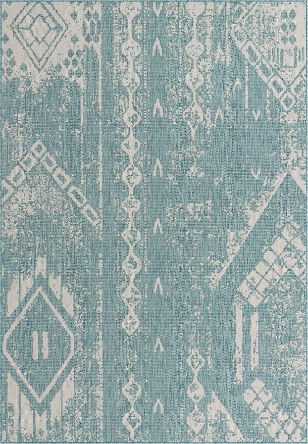 Unique Loom Outdoor Bohemian Collection Area Rug - Anthro (7' 1" x 10' Rectangle, Light Aqua/ Ivory)