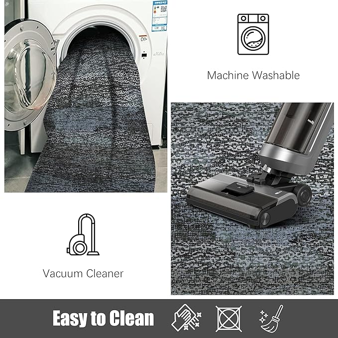 Washable Area Rug - 1/6 Thick - Stain & Water Resistant Non-Slip - Resistant Rug for Living Room, Bedroom, Nursery, Pet & Child Friendly, Vintage Charm Area Rugs (Darkgrey+Bule, 5' x 7')