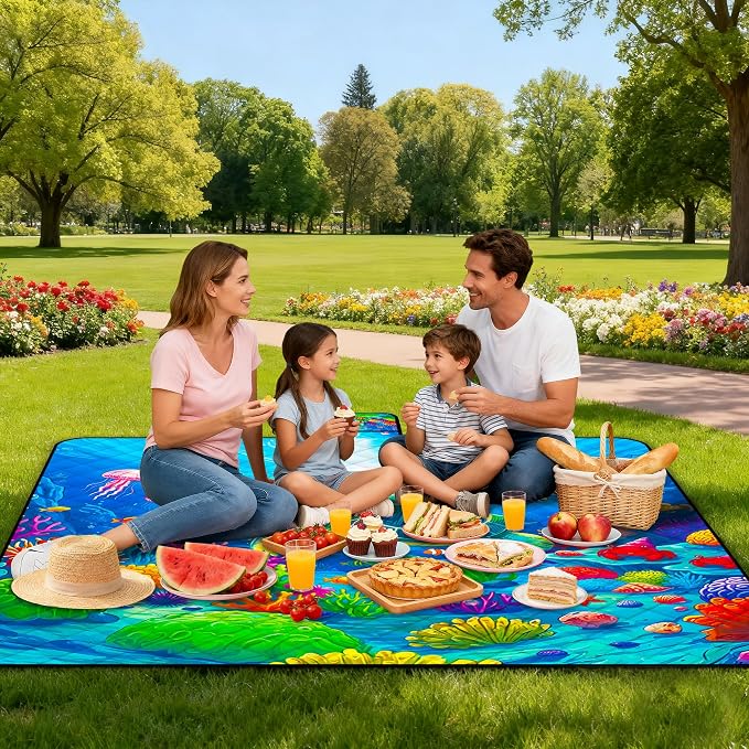 Poedist Extra Large Picnic Blanket Waterproof,80"x 80"Foldable Machine Washable Beach Blanket,Outdoor Blanket for 6-8 Adults, for Indoor Crawling,Park Beach,Camping,Hiking,Family Travel(Sea Turtle)