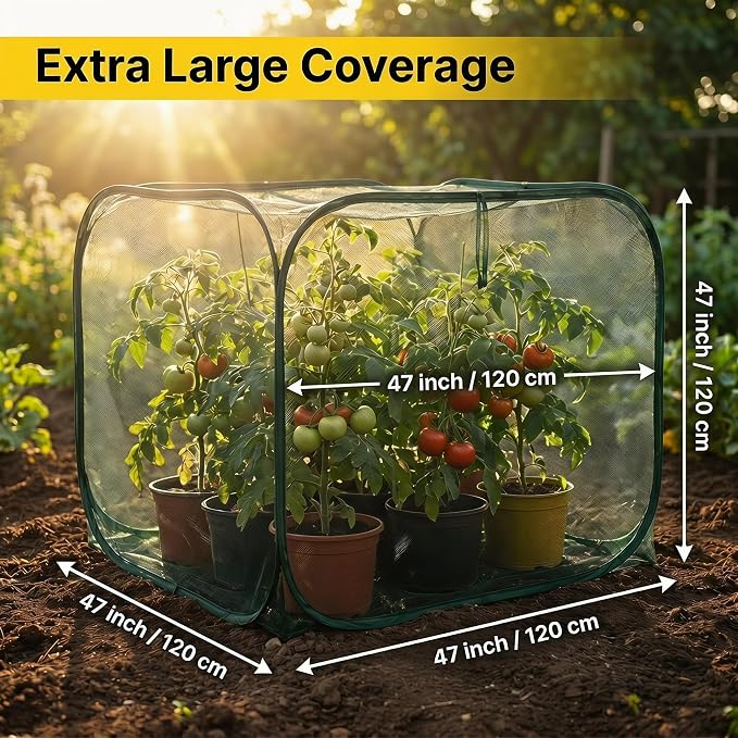 Collapsible Pop-Up Mesh Garden Cover（47''x47''x47''for Square Raised Beds-30% Sunblock，Protective Netting Cage for Vegetables, Fruits & Flowers, Keep Birds and Small Animals Out