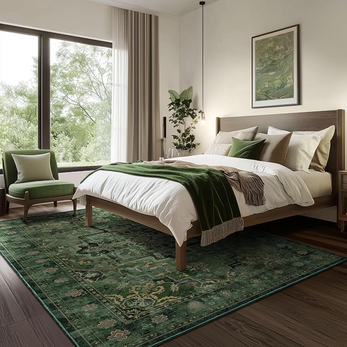 Large Vintage Area Rugs 9x12 for Living Room, Dark Green Tranditional Distressed Medallion Printed Big Carpet Rugs for Bedroom, Washable Non Slip Low Pile Thin Rugs for Dining Room