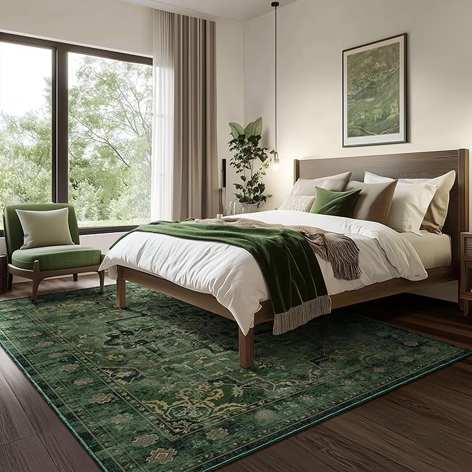 Tranditional Dark Green 8x10 Rugs for Living Room Bedroom, Washable Non Slip Low Pile Thin Dining Room Rugs for Under Table, Distressed Medallion Pattern Printed Soft Carpet for Guest Room