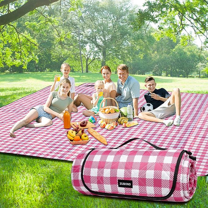 ZUBOND Picnic Blankets Waterproof Sandproof Foldable & Machine Washable, 80''x100'' Extra Large Beach Blanket, Simple Stylish Gingham Outdoor Grass Lawn Park for Family Camping Party