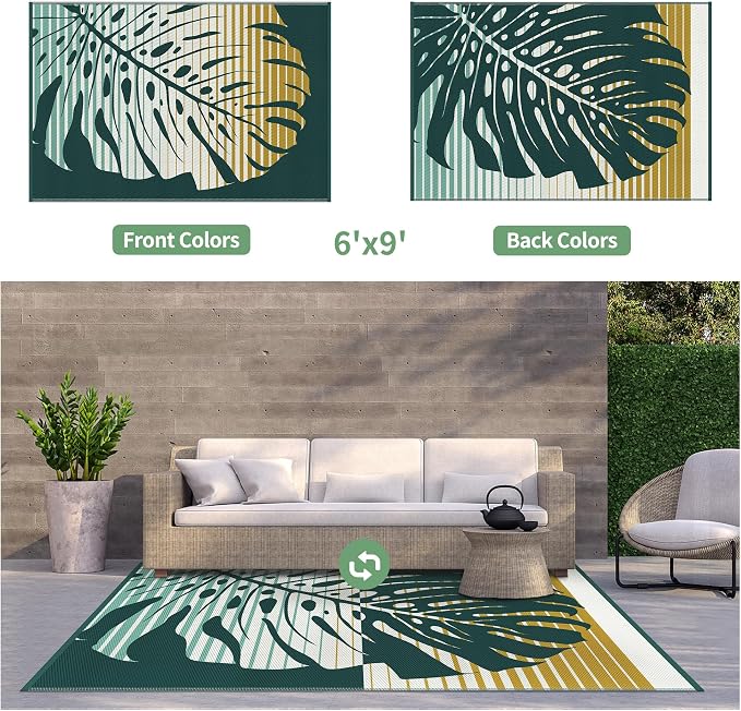 GENIMO Outdoor Rug 6' x 9' Waterproof for Patio Clearance, Reversible Plastic Straw Camping Mat, Lightweight Carpet for Rv, Camper, Deck, Porch, Picnic, Balcony, Beach, J.Yellow & Green