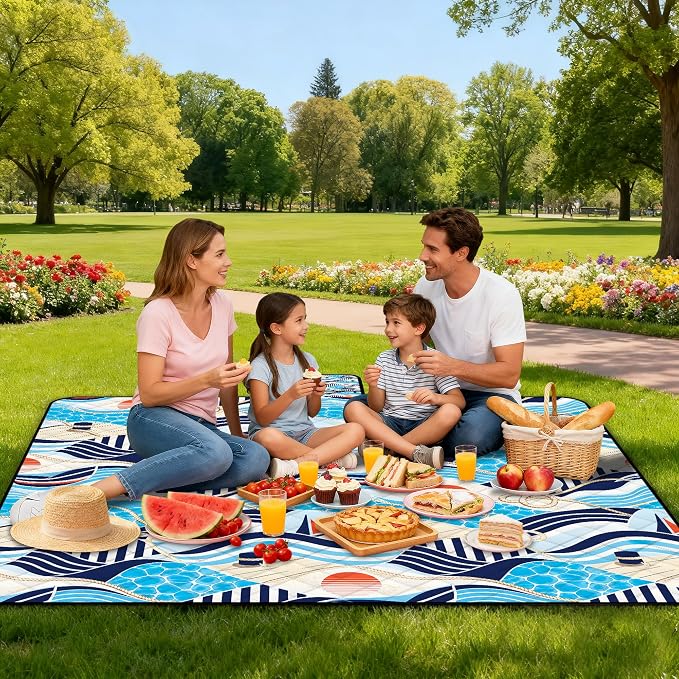Extra Large Picnic Blanket Waterproof,80"x 80"Foldable Machine Washable Outdoor Blanket,Blue Beach Blanket for 6-8 Adults,Picnic Mat Suitable for Indoor Crawling,Park Beach,Camping,Hiking,Travel