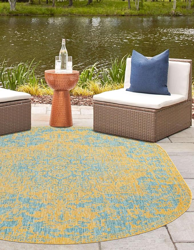 Unique Loom Jill Zarin Jill Zarin Outdoor Collection Area Rug - Dubai (5' 3" x 8' Oval, Yellow and Aqua/Light Blue)