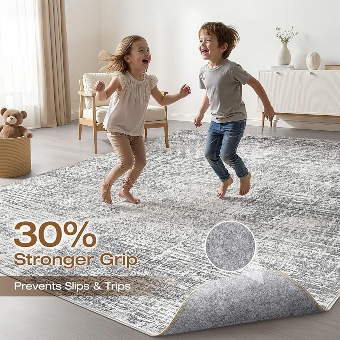LOONGRUG 10x14 Area Rugs Washable Neutral Modern Rug for Living Room Grey | Large Abstract Soft Stain Resistant Indoor Non-Slip Carpet for Bedroom Nursery Kids Office Playroom Dining Room