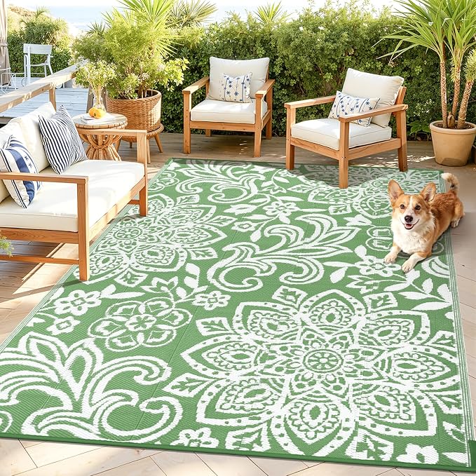 Findosom Waterproof Outdoor Rug 5' x 8' - Reversible Mandala Outdoor Plastic Straw Rug, Durable Foldable Patio Rug for RV, Deck, Balcony, Backyard, Picnic, Porch, Camping, Beach, Green