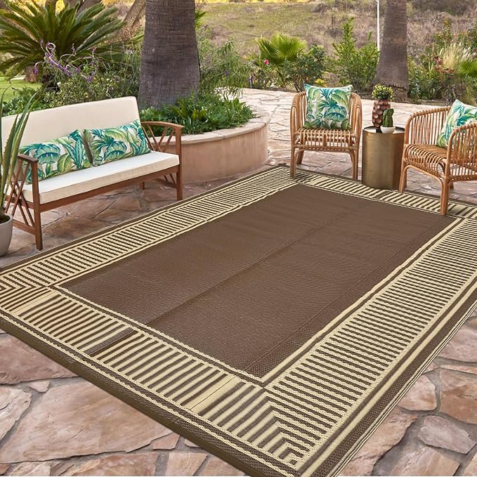 Garvee Outdoor Rug 9x18 Outdoor Patio Rug Waterproof Foldable Mat Reversible Plastic Straw Rugs Easy Clean Lightweight Carpet for Balcony Deck Picnic Backyard Camping Porch RV Beach Border Brown