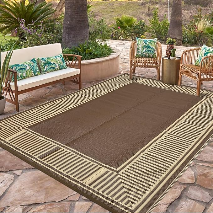 Garvee 9x12 Outdoor Rug for Patio Plastic Straw Rug Waterproof Reversible Mat Lightweight Foldable Carpet Easy Clean Large Rugs for Patio Porch Backyard Camping RV Beach Balcony Deck Border Brown