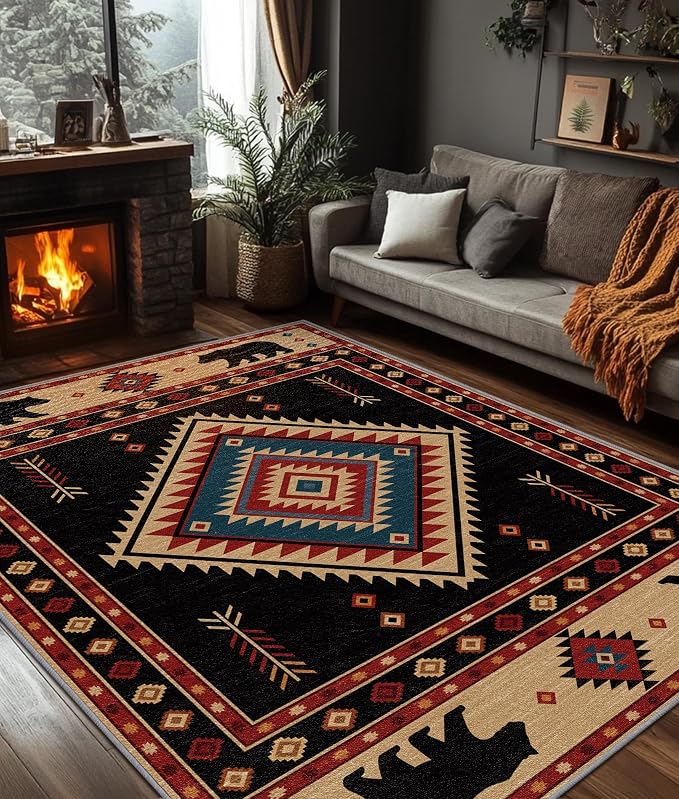Southwest Rug 4x6 - Native American Bear Cabin Area Rugs for Bedroom Living Room, Rustic Ethic Machine Washable | Non-Slip | Low Pile Carpets, Western Home Decor (Red Tan Black)