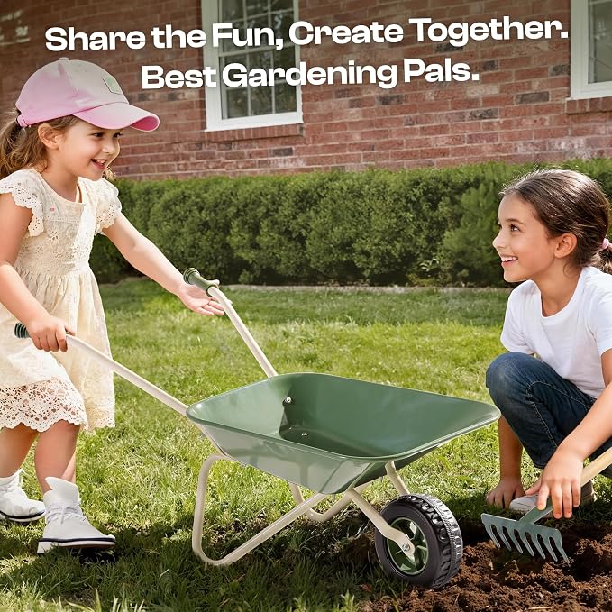 ROBUD Kids Wheelbarrow with Gardening Tools Set, Educational Kids Gardening Set with Kid Wheelbarrow, Toddler Gardening Set, Watering Can, Plant Labels, for Ages 3+ Boys Girls(Green)