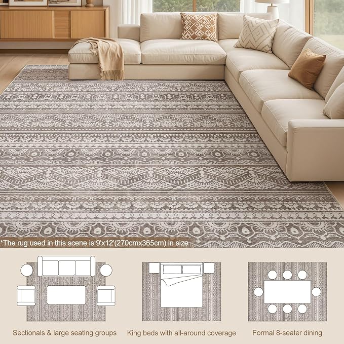 Tortania Area Rug Living Room Rugs - 9x12 Washable Large Soft Neutral Boho Moroccan Bohemian Farmhouse Rug Indoor Floor Carpet for Bedroom Under Dining Table Home Office Decor - Dark Brown