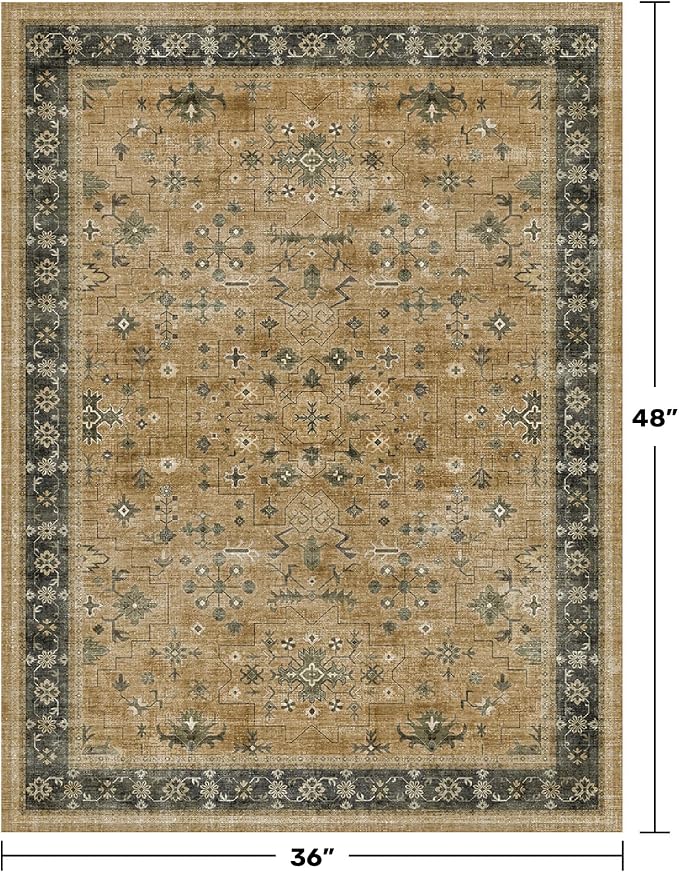 Traditional Washable 3x4 Entry Rug, Mudroom Indoor Entrance Door Mat, Non-Slip Kitchen Floor Rug with Rubber Backing, Stain and Fade Resistant, Rustic Brown and Charcoal Olive Floral Design