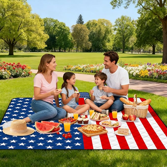 Poedist Extra Large Patriotic Picnic Blanket Waterproof,80"x 80"Foldable Machine Washable Beach Blanket,Outdoor Blanket for 6-8 Adults,Suitable for Indoor Crawling,Park Beach,Camping,Hiking,Travel