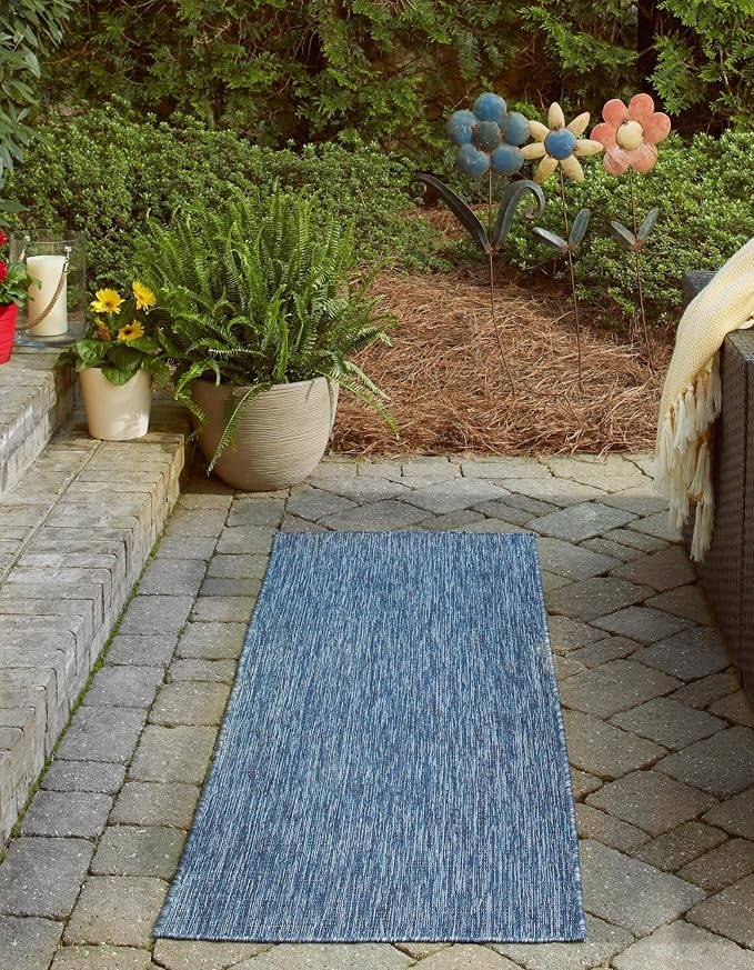Unique Loom Collection Casual Transitional Solid Heathered Indoor/Outdoor Flatweave Area Rug (2' 7" x 12' Runner, Blue/Navy Blue)