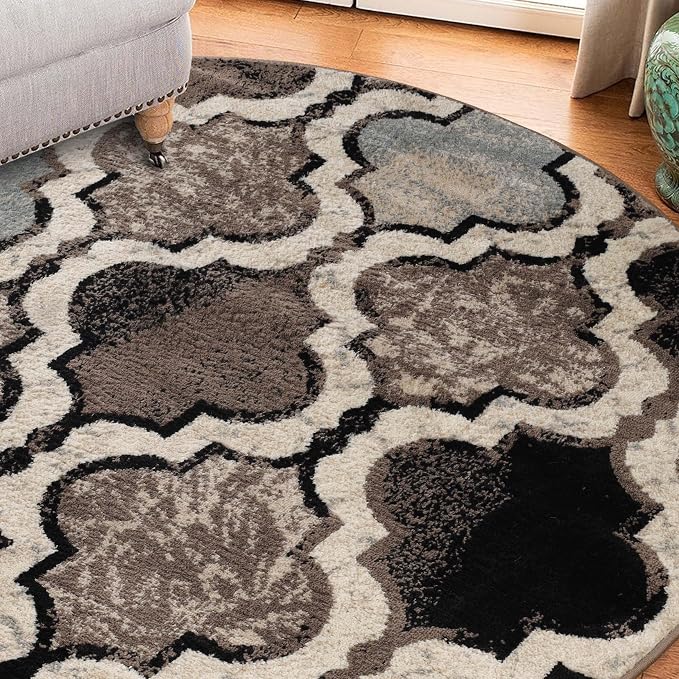 Superior Modern Indoor Area Rug, Non Slip Rug, 5' Round, Ivory | Geometric Design Floor Décor, Easy Care High Traffic Areas Living Dining Room, Bedroom, Office, Entryway, Viking Collection