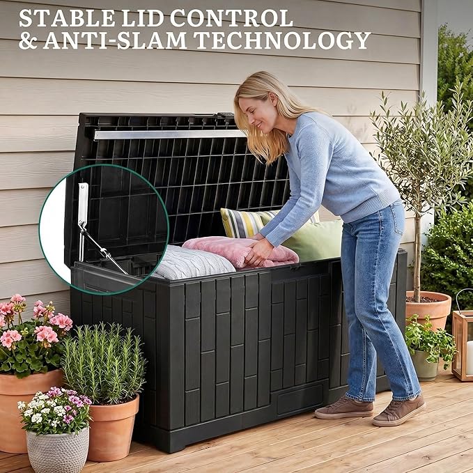 YITAHOME 120 Gallon Outdoor Storage Deck Box | Large Resin Patio Storage Box with Slide-Locking Lid, 53"L 2-Person Bench Seat for Outdoor Pillows, Garden Tools &