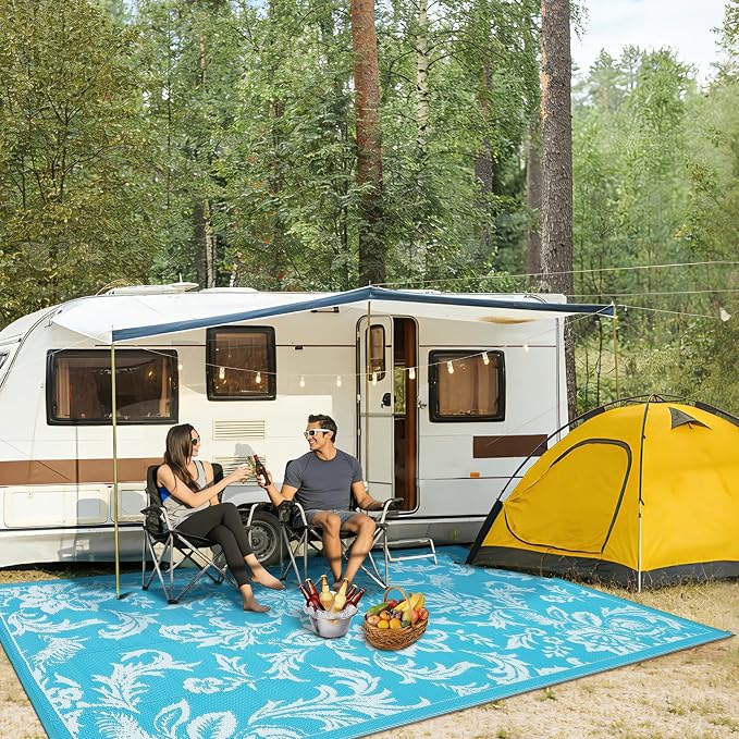 IDEALHOUSE Waterproof Outdoor Rug 8x10 for Patio, Foldable Reversible Area Rug, Large Plastic Straw Mat for Camping, RV, Porch, Backyard, Picnic, Beach, Light Blue & White
