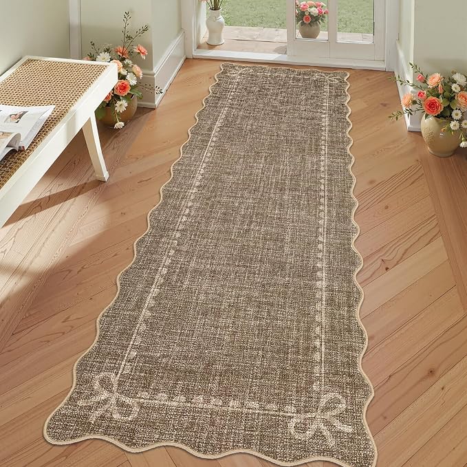 GarveeHome Scalloped Hallway Runner Rug 2.5x10 Non Slip Bedroom Rugs, Brown | Washable Bow Rug for Girls Dorm Nursery Living Room Entyrway Kitchen, Soft Low Pile Ultra-Thin Stain Resistant Indoor Carpet