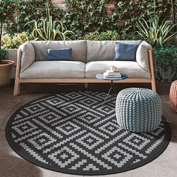 GENIMO 8' Round Outdoor Rug for Patios Clearance, Reversible Plastic Straw Rugs, RV Camping Mat for Camper, Balcony, Backyard, Picnic, Deck, Black & Gray