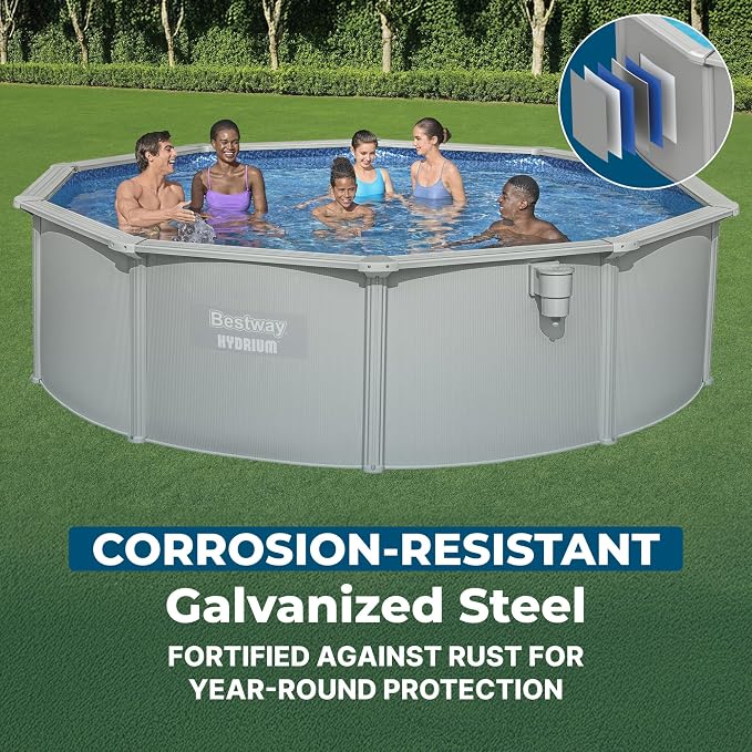 Bestway Hydrium 15' x 48" Steel Side Wall Above Ground Pool with Pump | Semi-Permanent All-Season Swimming Pool with Galvanized Steel Frame - Sand Filter Pump, Ladder, Cover, and Skimmer Included