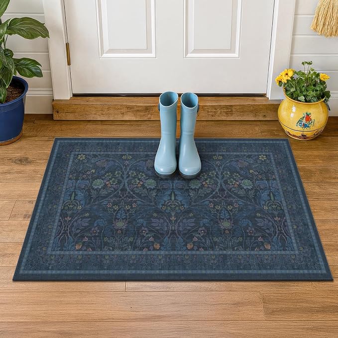 Blue Small 2x3 Entryway Rugs Indoor, Oriental Floral Kitchen Mats Non Slip, Thin Bathroom Rugs Fit Under Door, Low Pile & Soft Carpet for Mudroom, Bedroom Beside Bed