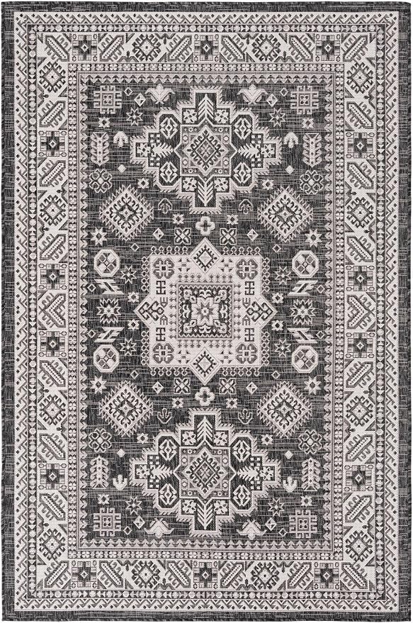 Unique Loom Outdoor Aztec Collection Area Rug - Chalca (5' 3" x 8' Rectangle, Charcoal Gray/ Ivory)