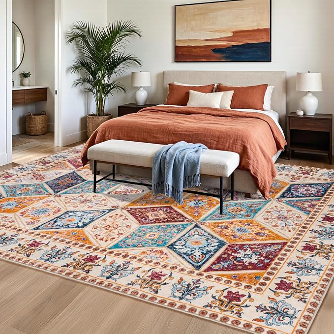 Moroccan Boho Floral Geometric Patchwork Washable 6x9 Large Area Rug | Vintage Distressed Non Slip Throw Carpet for Bedroom Livingroom Kitchen Hallway Entryway Office Dining Room Docer, Cream