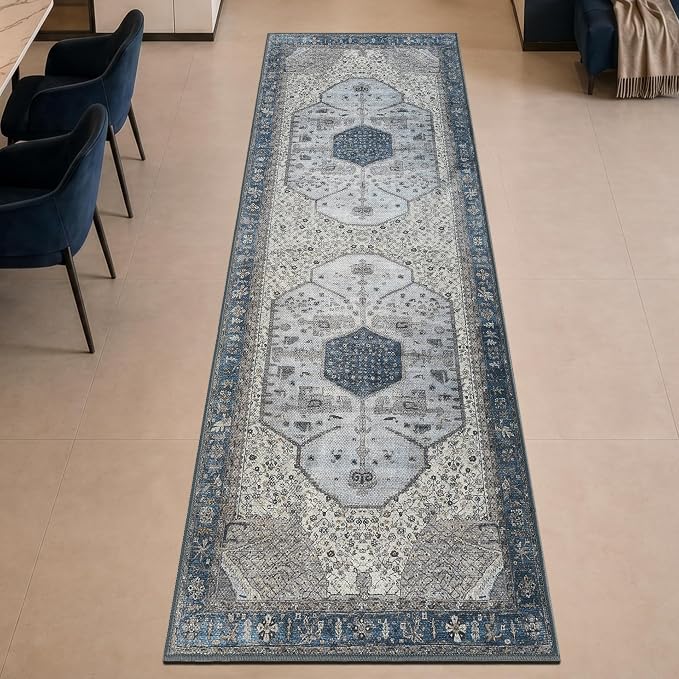 Keen Home Design Vintage Washable Runner Rug, Non-Slip Low Pile, 2x12 | Machine Washable Cotton Chenille, 0.25In Low Pile, Rubber Non-Slip Back; Hallway, Kitchen, Dining Room, Entryway