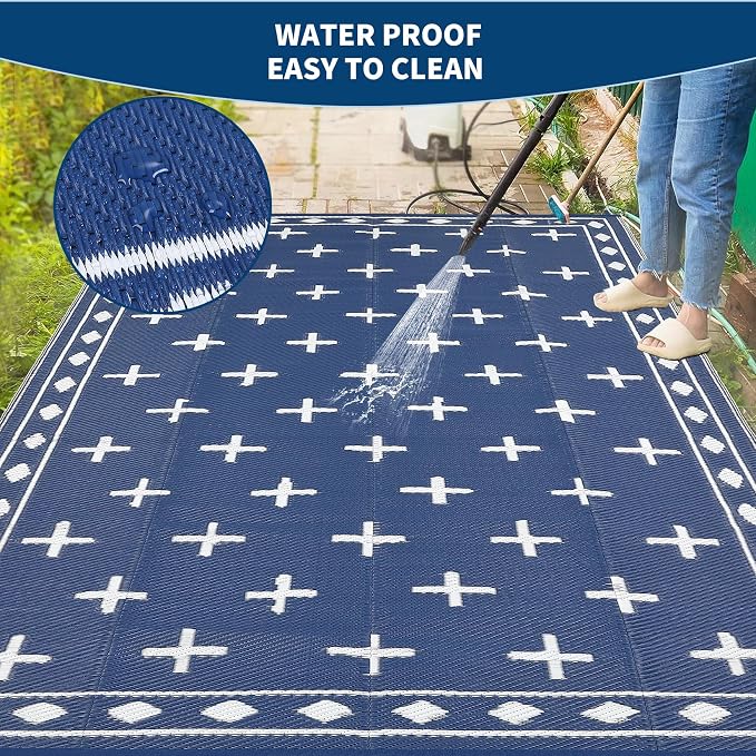 Waterproof Outdoor Rug 8x10, Modern Reversible Plastic Straw Patio Camping Rugs, Outdoor Indoor RV Mat Carpet for Patio, Outside Entry, Backyard, Deck, Bench, Picnic, Camper，Navy/Blue