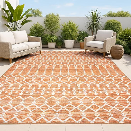 JONATHAN Y Moroccan Geometric Indoor Outdoor Area Rug 9X12 Orange/Cream, Ourika Textured Weave for Backyard, Patio, Porch, Easy-Cleaning, High Traffic, Pet-Friendly, Non-Shedding (SMB108P-9)