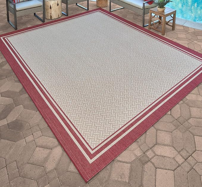 Gertmenian Indoor Outdoor Classic Flatweave Area Rug, Stain & UV Resistant Carpet, Deck, Patio, Poolside & Mudroom, 6x9 Ft Medium, Simple Border, Red Tan, 22226